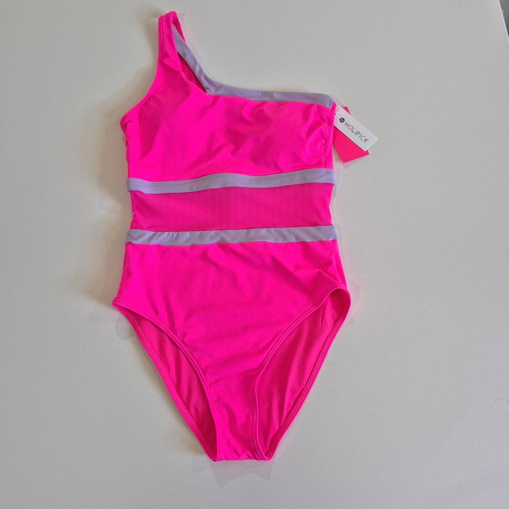 Holipick Neon Pink One Shoulder Mesh Cutout One Piece Swimsuit Small NWT